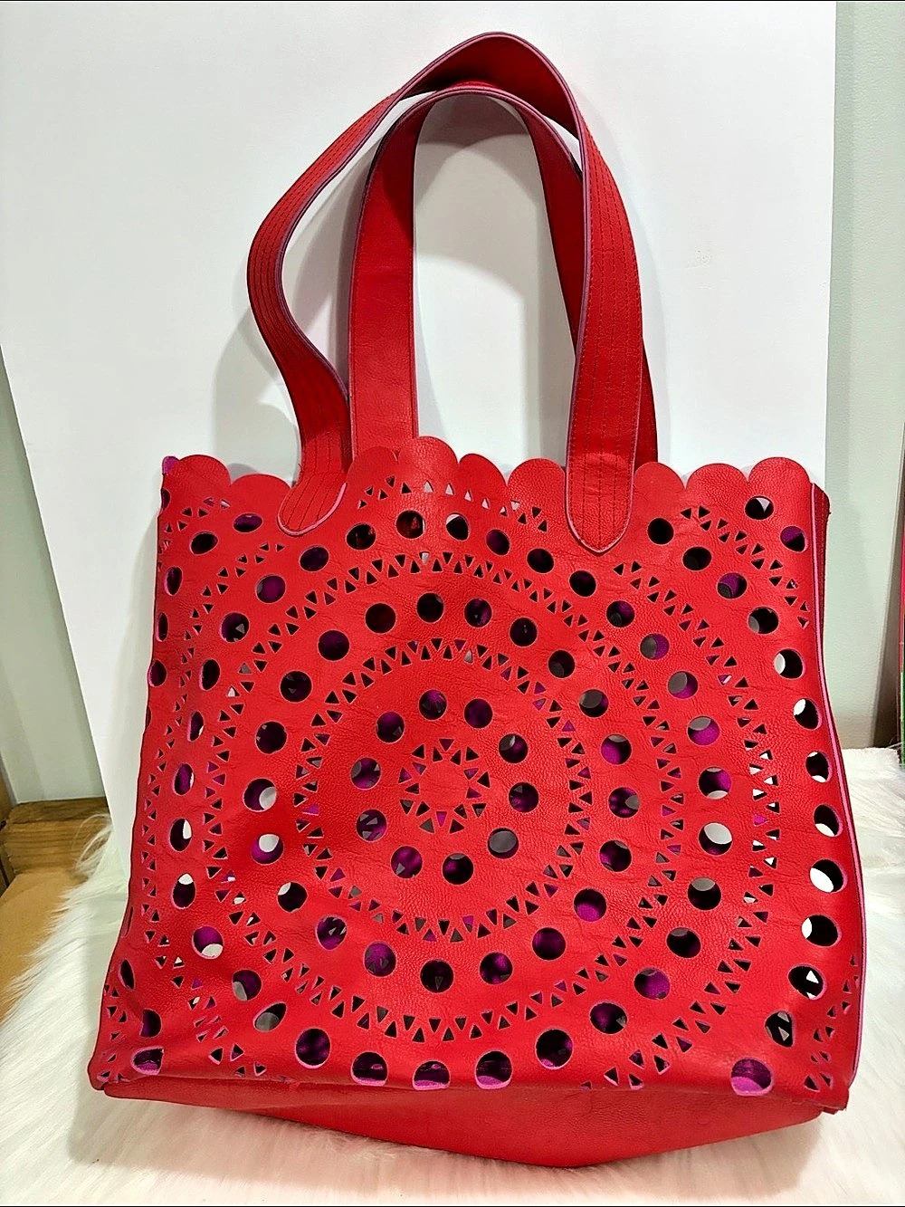 Leather Laser-Cut Geometric Tote in Red & Pink Like New